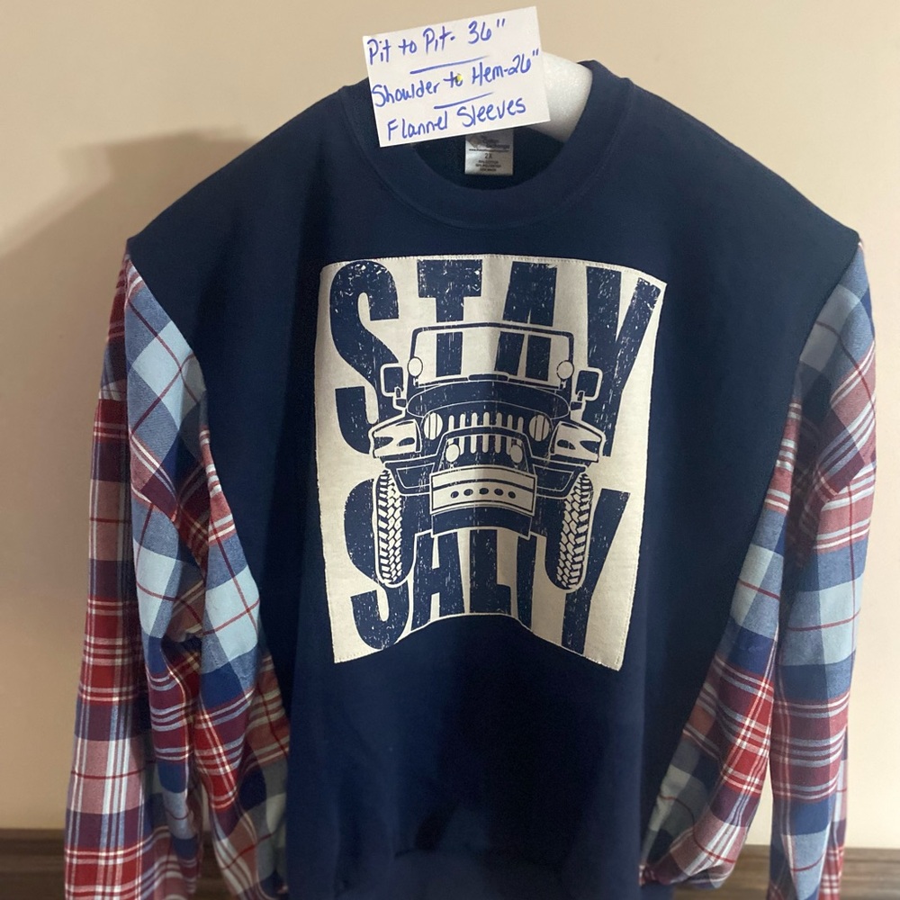 Upcycled Jeep Stay Salty Plaid Sleeve Sweatshirt size xl